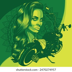 Ilustración de Vector vintage chopper motocicleta con maquillaje de calavera de mujer