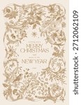 Vector illustation. Winter holidays. Botanical vintage vertical frame. Greeting card. Gold and white