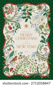 Vector illustation. Winter holidays. Botanical vintage vertical frame. Greeting card. Colorful 