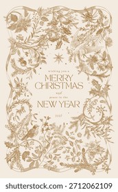 Vector illustation. Winter holidays. Botanical vintage vertical frame. Greeting card. Gold and white
