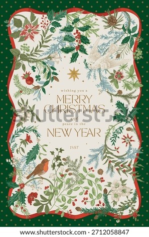 Vector illustation. Winter holidays. Botanical vintage vertical frame. Greeting card. Colorful 