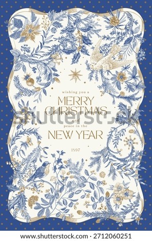 Vector illustation. Winter holidays. Botanical vintage vertical frame. Greeting card. Blue, white and gold
