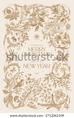 Vector illustation. Winter holidays. Botanical vintage vertical frame. Greeting card. Gold and white
