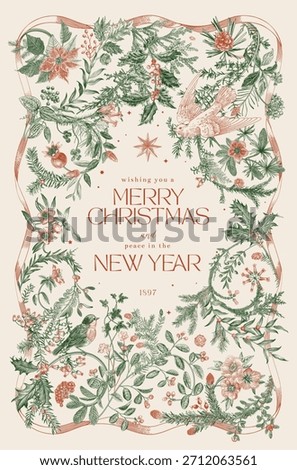 Vector illustation. Winter holidays. Botanical vintage vertical frame. Greeting card. Red and green