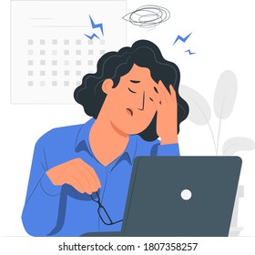 Vector illustation of a woman stressed in front of his notebook