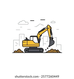 Vector illustation of A Yellow Excavator is Digging Dirt in a City.