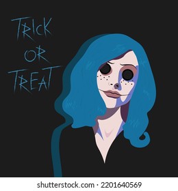 A vector illustation of a young woman in a doll costume with turquoise hair on a dark background with a handwritten trick or treat text on it