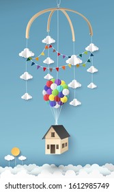 Vector illustation,house balloons Floating on bluse sky, paper art