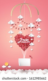 Vector illustation,love balloons Floating on sweet sky, paper art