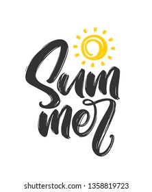Vector illusteration: Hand drawn  textured brush lettering composition of Summer with sun. 