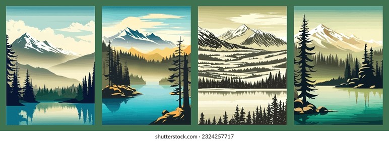 Vector illustraBeautiful landscape mountain lake with clear still water, mountain range, dense forest, meadow banks tall pine trees foreground, Snow. Vertical format set, mountain laketion