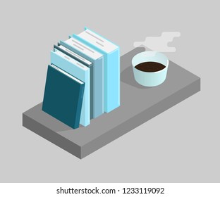 The vector illustraion of books and  a cup of coffee. Isometric illustration/
