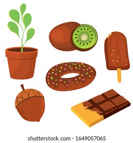 Vector illustraion of chocolate, walnut, doughnut, ice cream and kiwi.