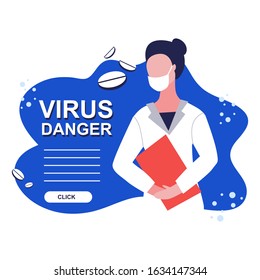 Vector illustraion of dark head woman doctor with red paper holder around pills and drugs isolate on blue background. Virus danger concept web banner with click button Coronavirus caution