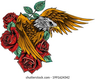 vector illustraion of eagle with flower roses