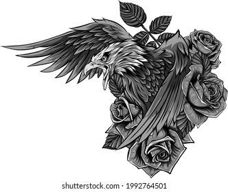 vector illustraion of eagle with flower roses