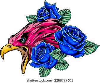 vector illustraion of eagle with flower roses on white background
