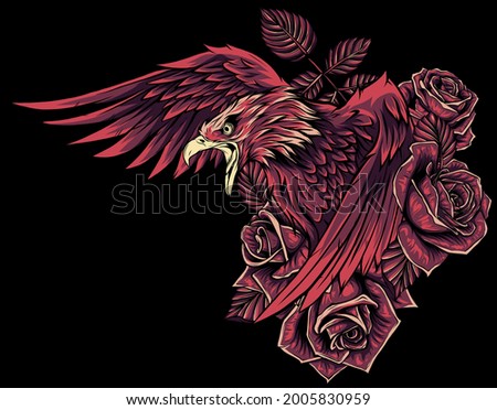 vector illustraion of eagle with flower roses