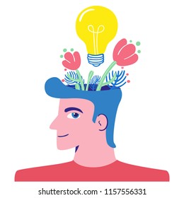 Vector illustraion of a modern man with bulb and flowers. Creative thinking and finding ideas and solutions concept. Flat design. 