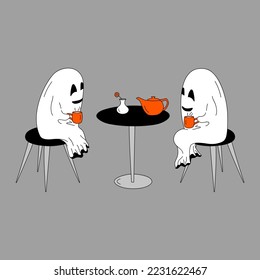 Vector illustraion on the theme of Halloween hand-drawn ghosts sit on chairs at the table and drink tea