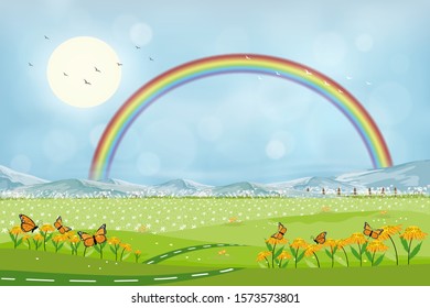 Vector Illustraion, Panorama View Of Spring Green Field On Hills With Blue Sky And Rainbow After Rain,Vector Cartoon Spring Or Summer Landscape, Panorama Countryside Mountains With Wild Flowers