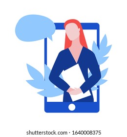 Vector illustraion of red head woman consultant with paper holder and speech bubble on the phone screen with leaves. Online consultant concept web banner on site or mobile application