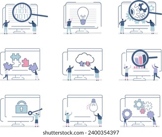  conjunto de luces vectoriales de engranajes, bombilla y concepto de rompecabezas con personas