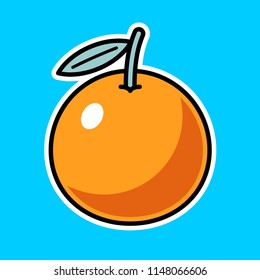 Vector illustraion of stylized graphical orange fruit. Sticker, label style. With black contour and white outline. Isolated. On blue background.