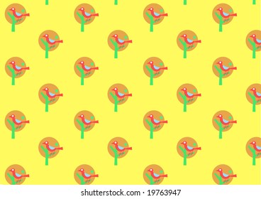 Vector illustraition of bird on the stylized tree. Retro wallpaper pattern.