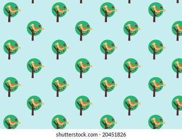 Vector illustraition of bird on the stylized tree. Retro wallpaper pattern.