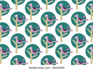 Vector illustraition of bird on the stylized tree. Retro wallpaper pattern.