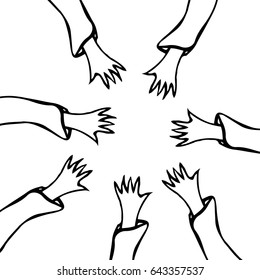 Vector Illustraition. Cartoon Hands Stretch Towards Each Other. Arms Raised of Different Races United .