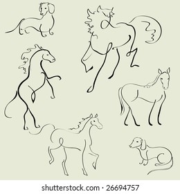 Vector illustraition of Domestic Animals Design Set made with simple line only