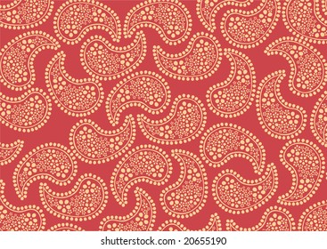 Vector illustraition of repeating orange paisley pattern on red background