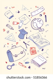 Vector illustraition of school subjects, hand drawn design set.