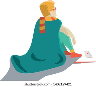 Vector illustraition of sitting male magician. He is looking forward. Who knows what is in letter he keeps near his leg? 