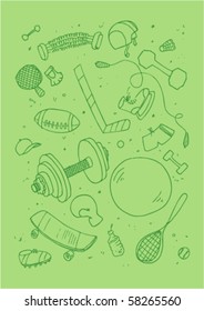 Vector illustraition of sports accessories, hand drawn design set.