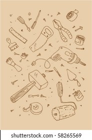 Vector illustraition of tools, hand drawn design set.