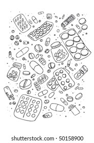 Vector illustraition of various pills, hand drawn design set.