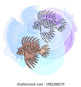 Vector illustranion of fish. Outline and colorfull sea elements are isolated on white. Beautiful underwater flora and fauna. Aquarium, ocean, and undersea water life in hand-drawn or cartoon style.