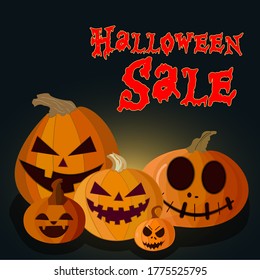 Vector illustrarion to Halloween sale. Orange pumpkins with scary faces. Text title