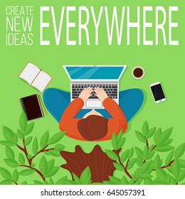 Vector illustrarion top view of man sitting under the tree with computer and elements of workplace.