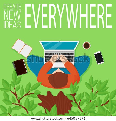 Vector illustrarion top view of man sitting under the tree with computer and elements of workplace.