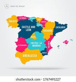 Vector Illustrartion Detailed Map Of Spain. Colorful Regions With Names.