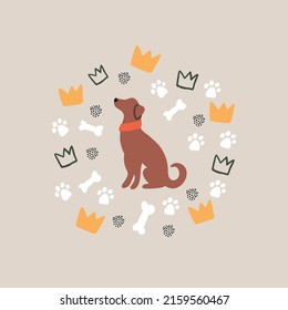 vector illustrartion with dog silhuette, dog paws, flowers, crowns on beige background. dog illustration for tshirt, posterm print for kids. dog lifestyle illustration. home animal
