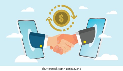 Vector illustratation of hand shake via two mobile phone. Digital money transfer via mobile app. E-wallet concept Secure connection.