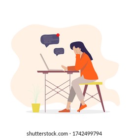 Vector illustrate - cartoon character working from home, A long haired woman sitting on the computer Seriously at home Due to the corona virus, Illustrations concept coronavirus COVID-19