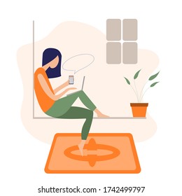 Vector illustrate - cartoon character working from home, Long haired woman sitting and working at the window sill in the house Due to the corona virus, Illustrations concept coronavirus COVID-19