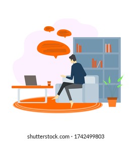 Vector illustrate - cartoon character working from home, A man sitting and working at home Like slow life due to the corona virus, Illustrations concept coronavirus COVID-19