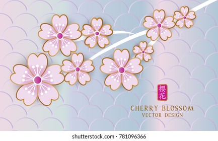 Vector illustrate Cherry blossom banner with paper cutting style. Chinese characters mean cherry blossom.